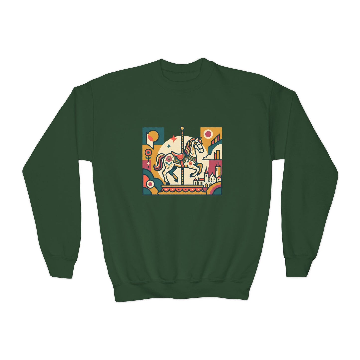 Youth Crewneck Sweatshirt — Retro Carousel Horse Graphic