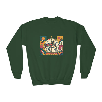 Youth Crewneck Sweatshirt — Retro Carousel Horse Graphic