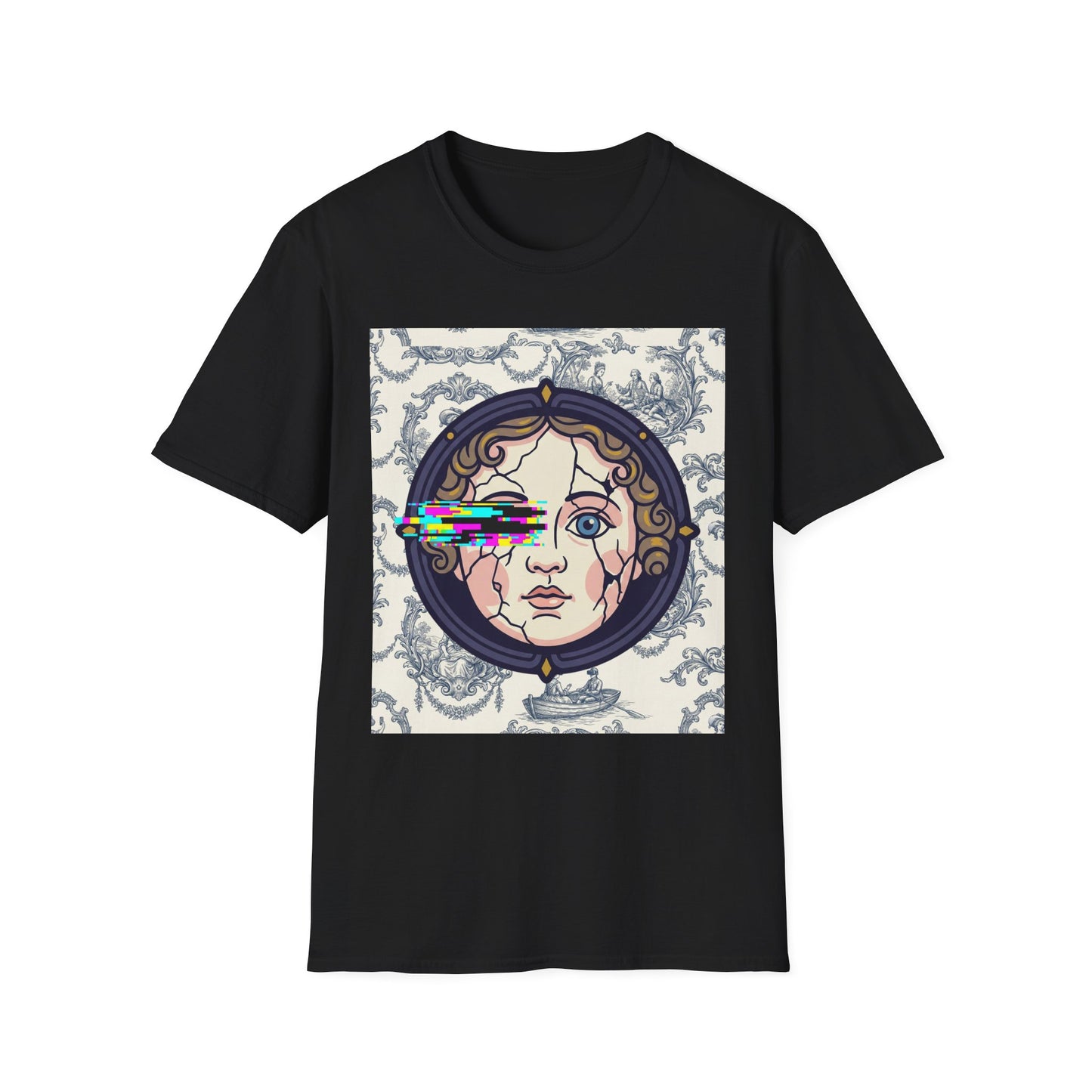 Glitch retro cracked porcelain doll face- Rococo Smartphone Toile - T-Shirt — Retro Mythology Art Tee