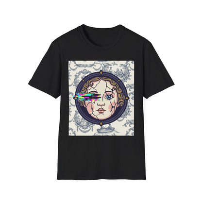 Glitch retro cracked porcelain doll face- Rococo Smartphone Toile - T-Shirt — Retro Mythology Art Tee