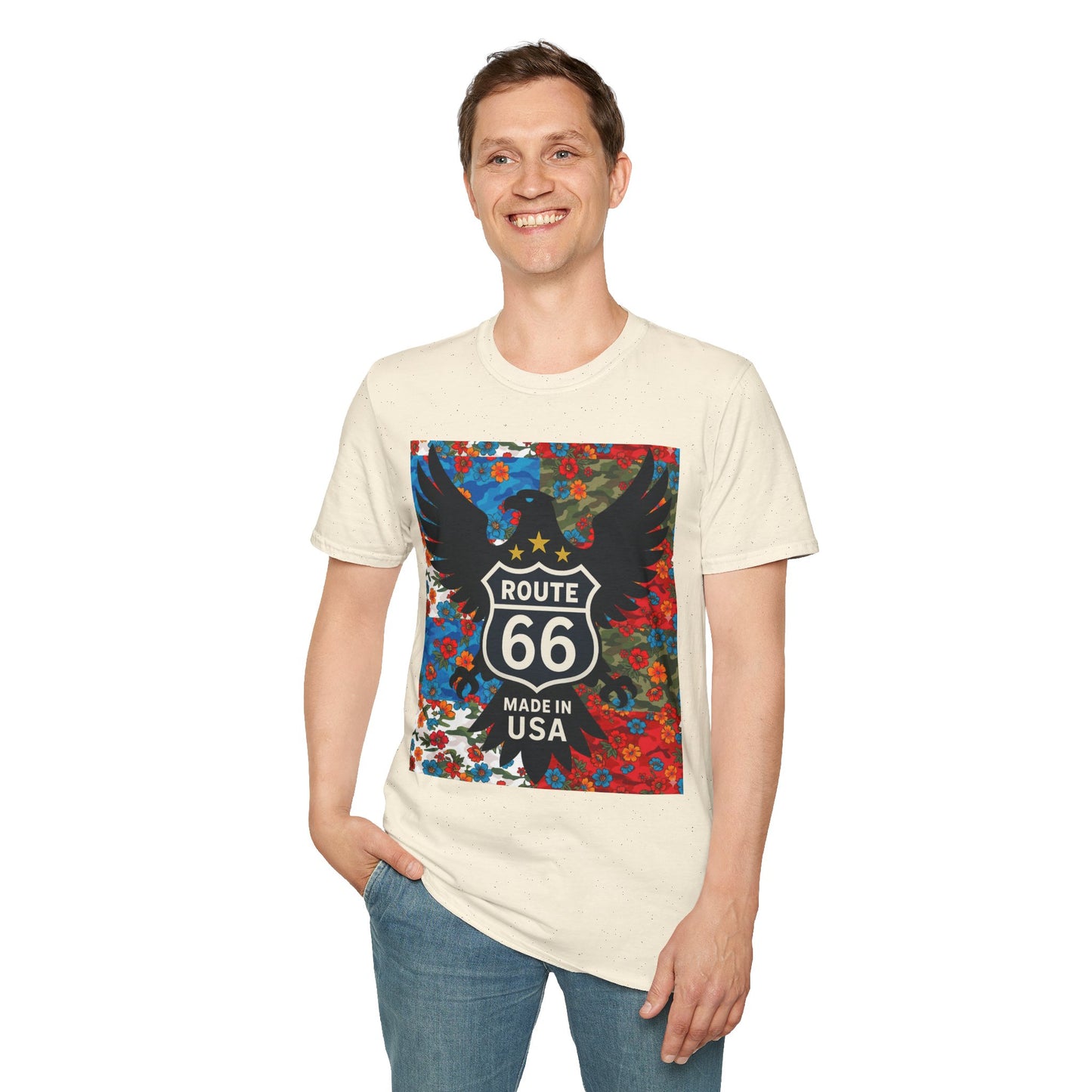 Route 66 Made in USA T-Shirt — Vintage Eagle Floral Roadtrip Tee- camo flower combo T-shirt
