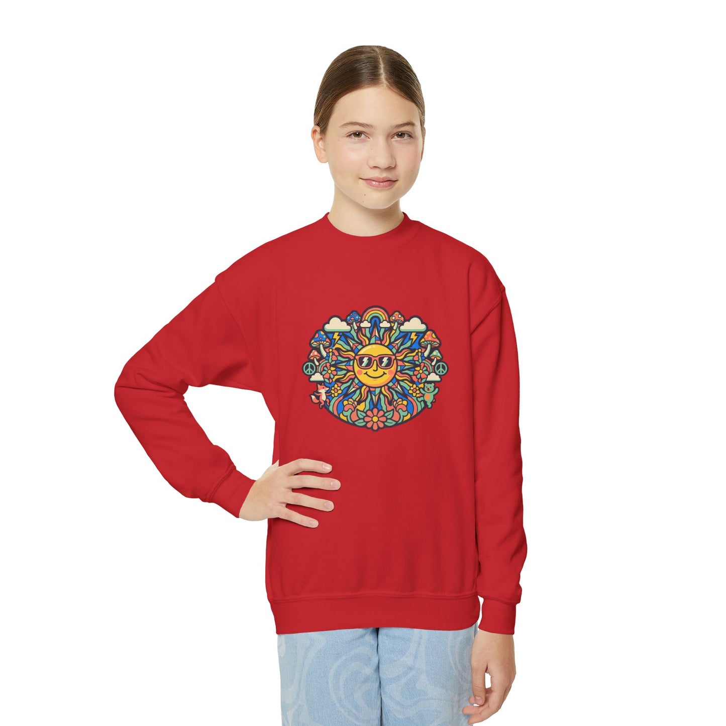 Youth Y2K Aesthetic - Crewneck Sweatshirt — Colorful Retro Sun & Floral Graphic