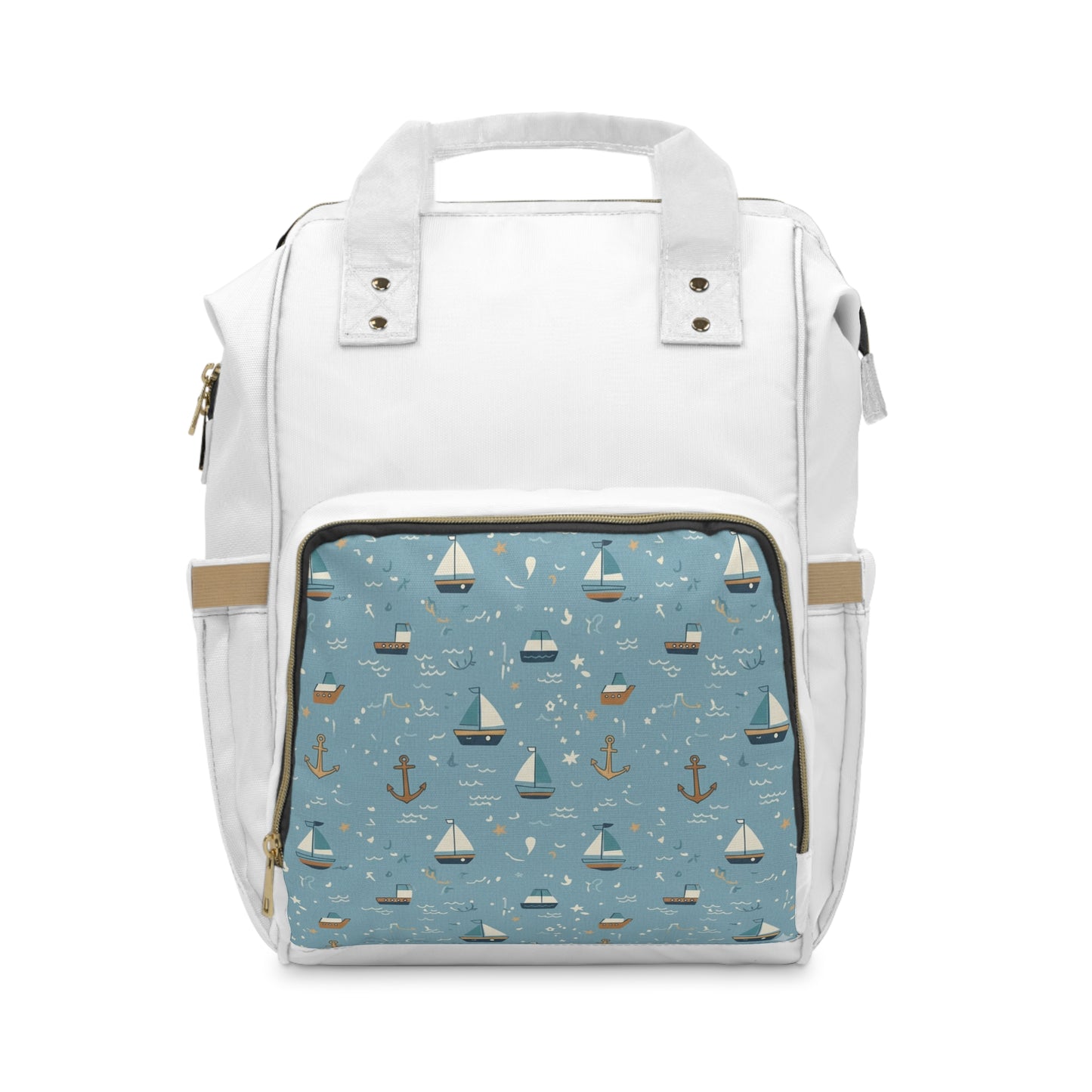 Nautical Baby Diaper Backpack — Multifunctional Changing Bag with Sailboat Print