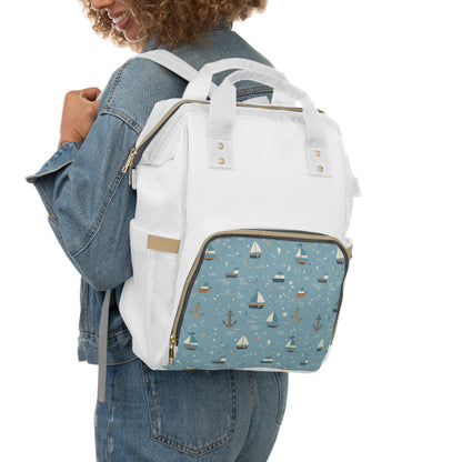 Nautical Baby Diaper Backpack — Multifunctional Changing Bag with Sailboat Print