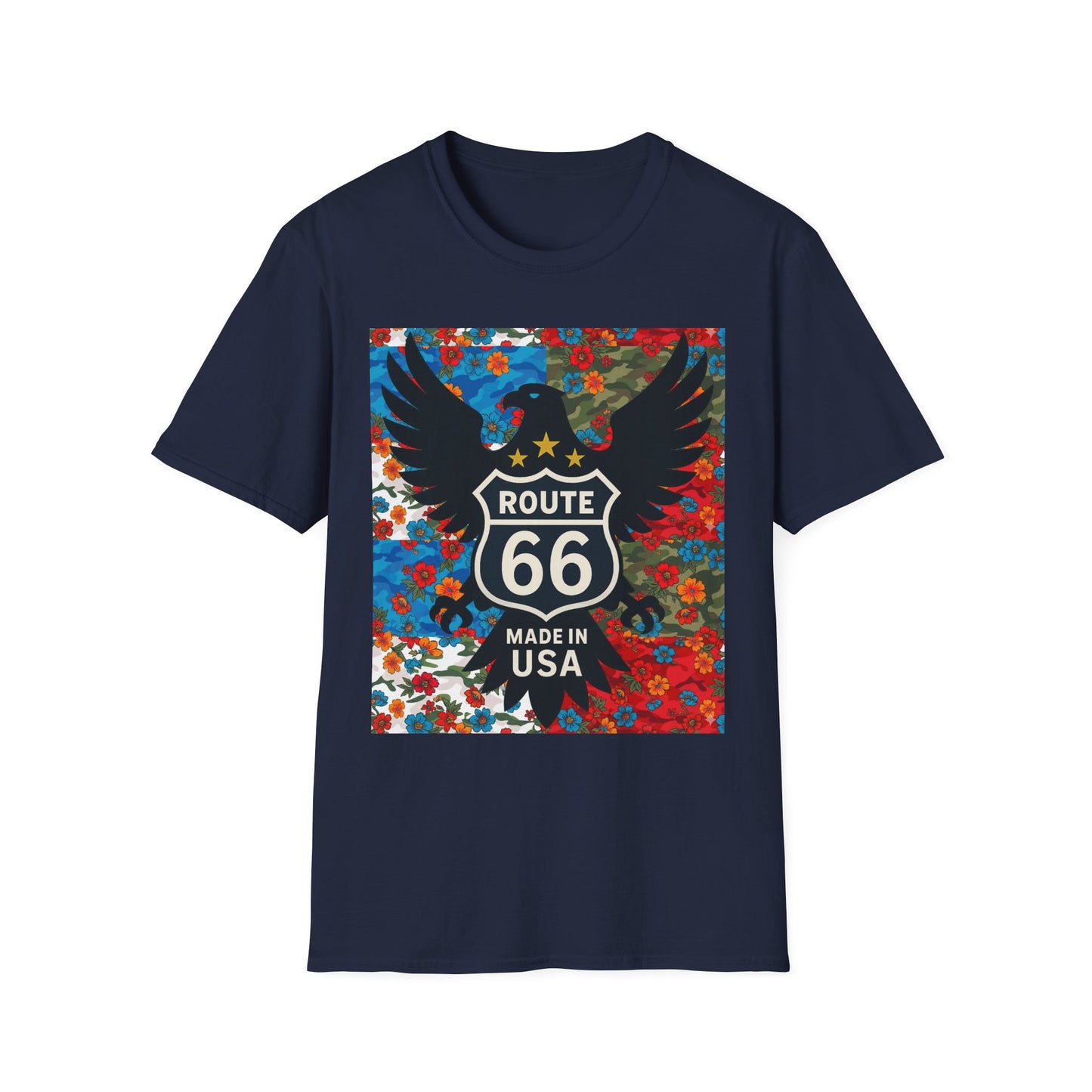 Route 66 Made in USA T-Shirt — Vintage Eagle Floral Roadtrip Tee- camo flower combo T-shirt