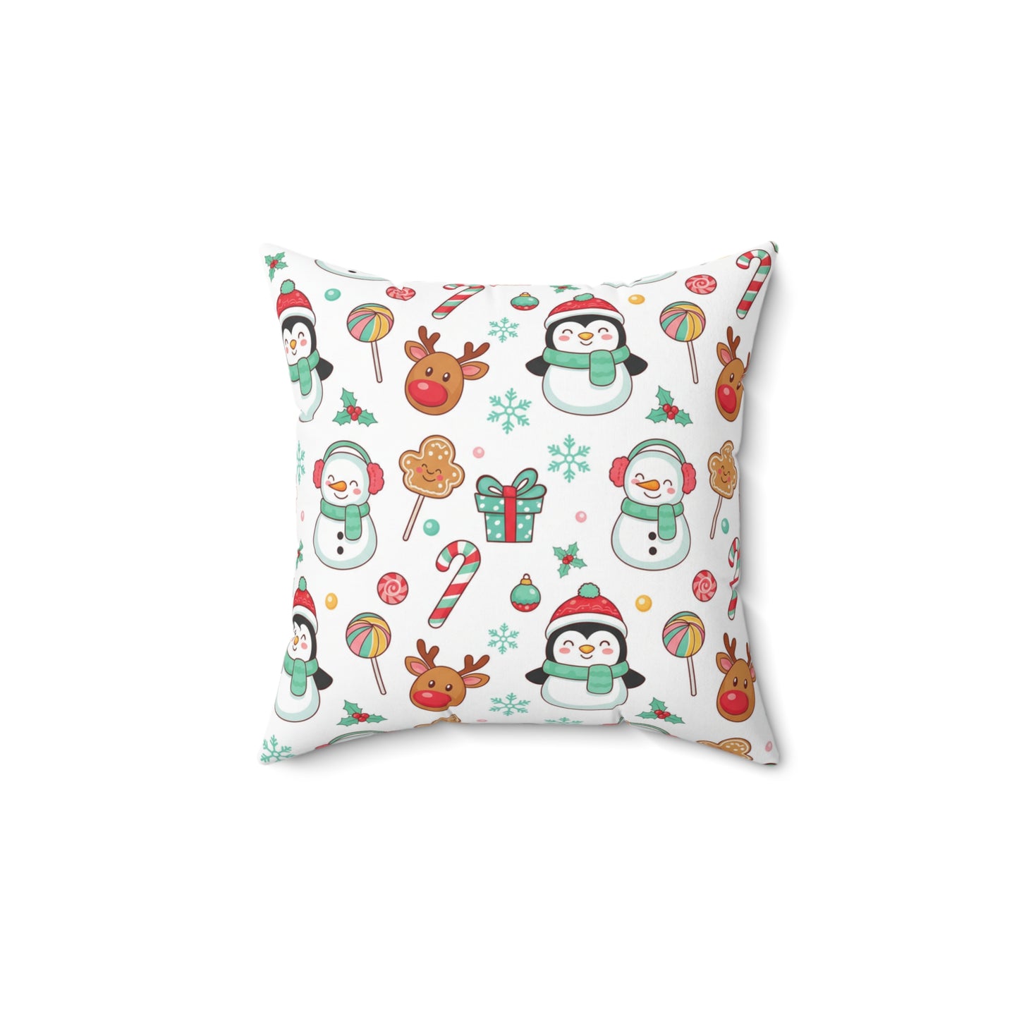 Cute Christmas Pattern Pillow — Penguins, Snowmen & Reindeer Holiday Throw Pillow (free shipping)