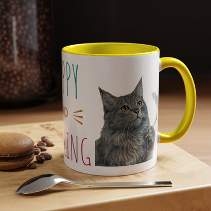 Happy and Dazzling smoking Cat Coffee Mug — Cute Cat smoking a cigarette Illustration Accent Mug (11/15 oz) (free shipping)