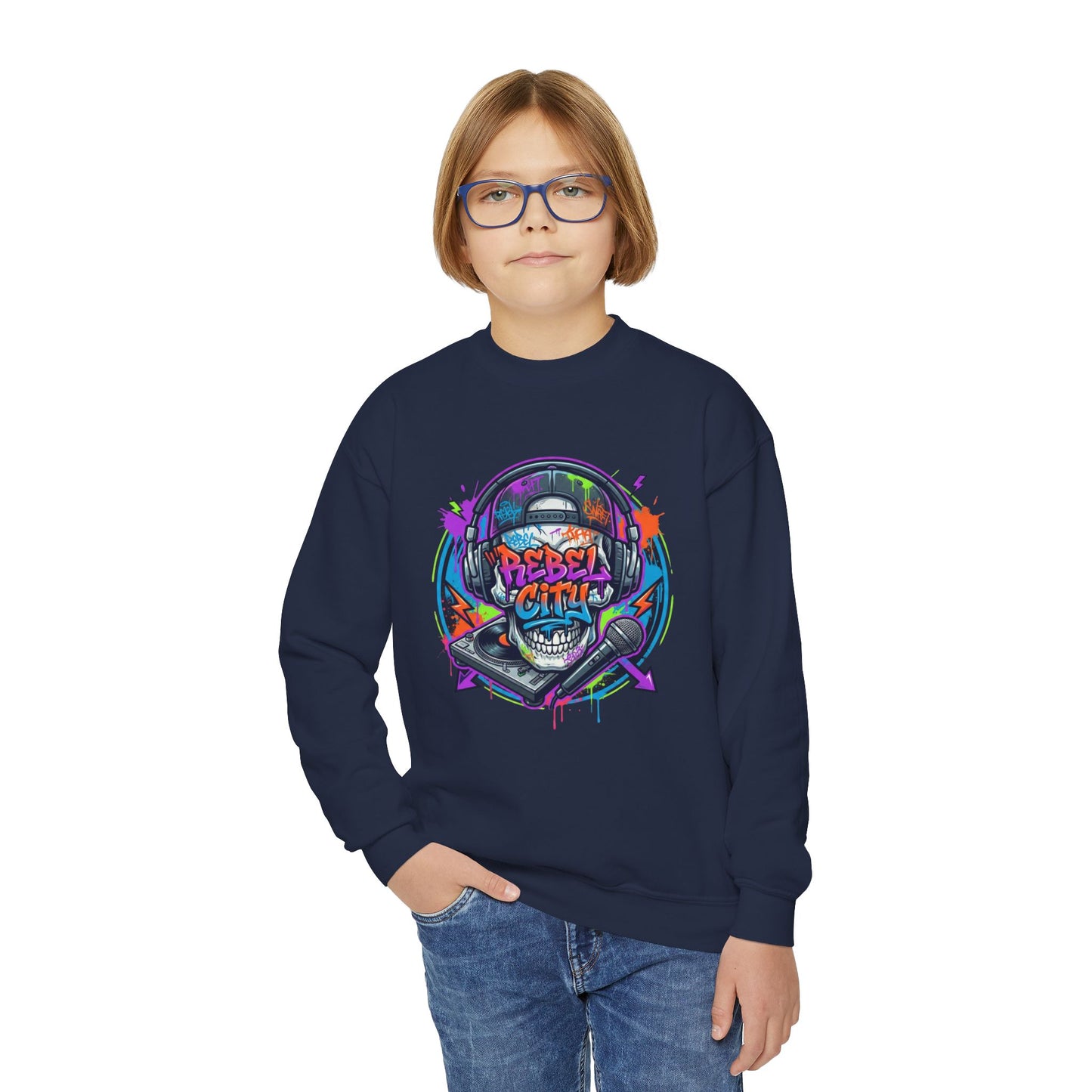 Youth Crewneck Sweatshirt — Neon spray paint rebel Skull 'Rebel With A Cause' Graphic