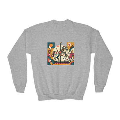 Youth Crewneck Sweatshirt — Retro Carousel Horse Graphic