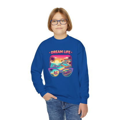 Girls Youth Crewneck Sweatshirt - "Dream Life" Tropical Sunset Graphic