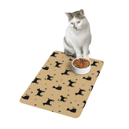 Black Cat & Dog silhouette animal Pattern Pet Food Mat — Non-Slip 12x18 Feeding Placemat