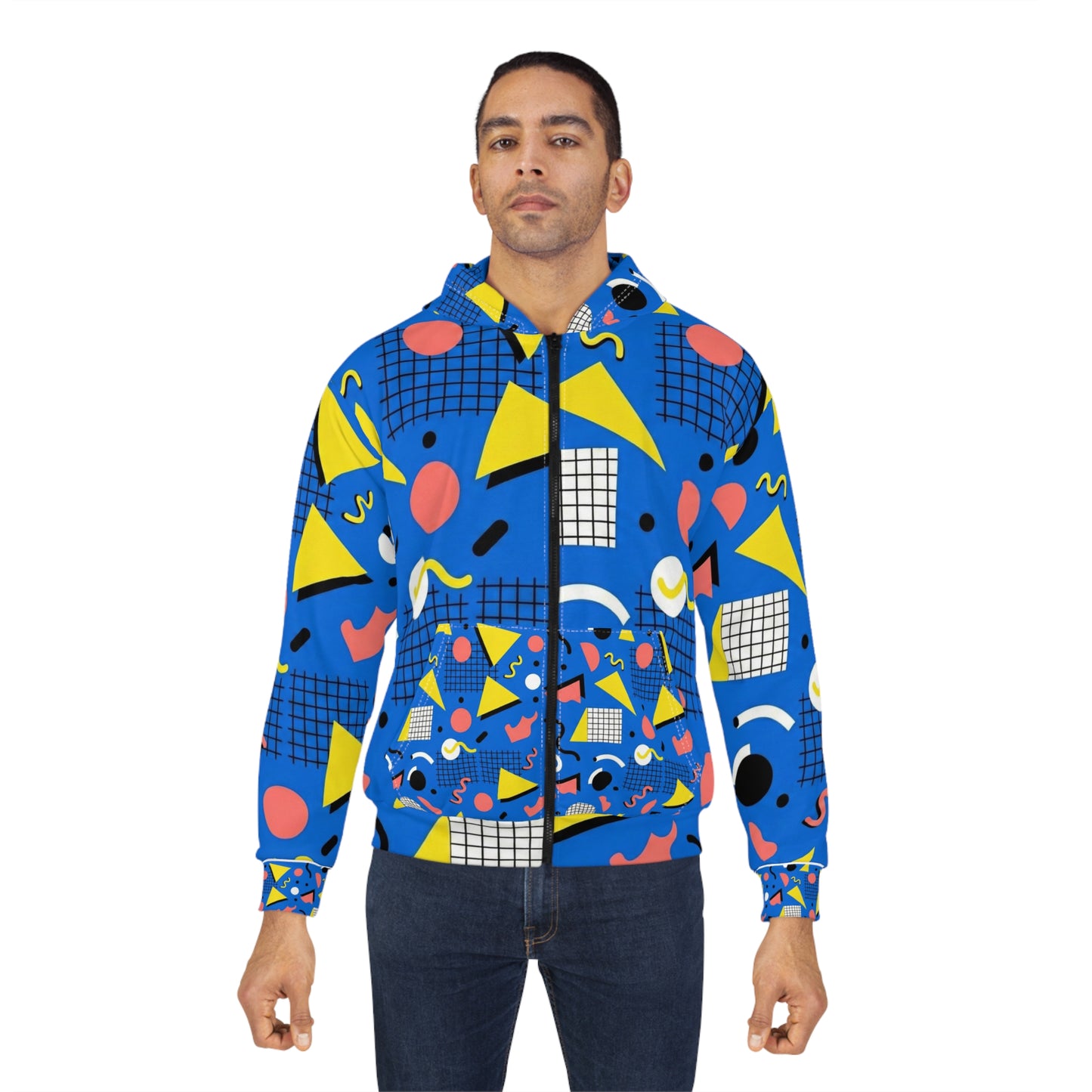 American Retro Memphis Pattern Zip Hoodie — 90s Geometric All-Over Print