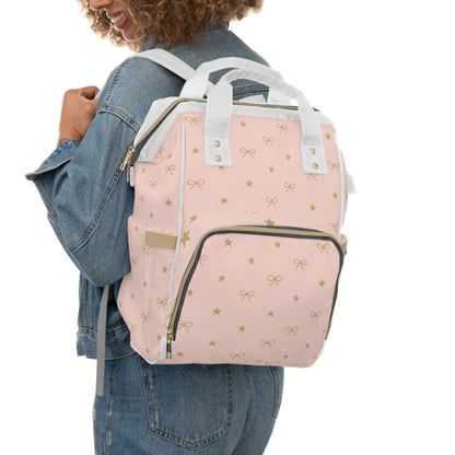 Pink Bow & Stars Diaper Backpack – Multifunctional Mommy Bag with Changing Pad