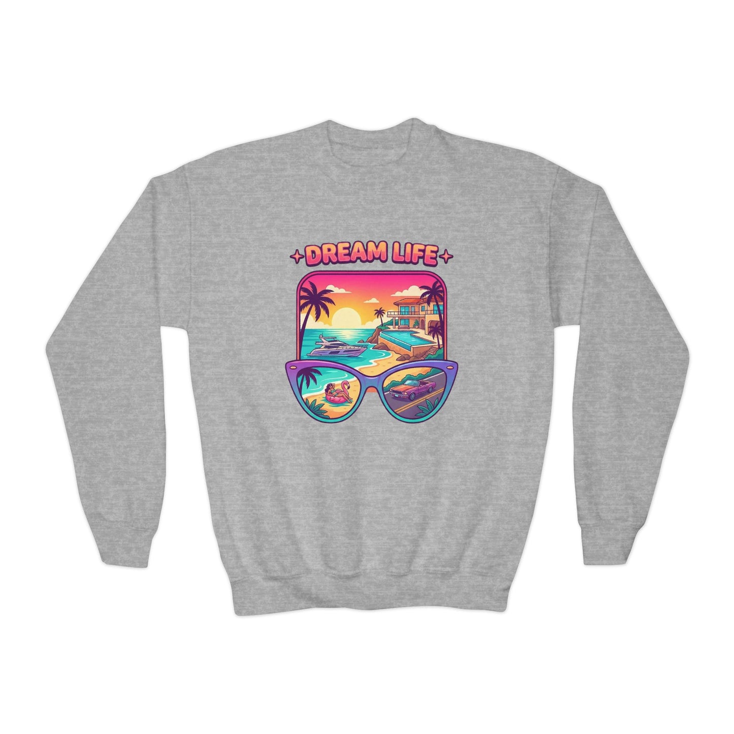 Girls Youth Crewneck Sweatshirt - "Dream Life" Tropical Sunset Graphic
