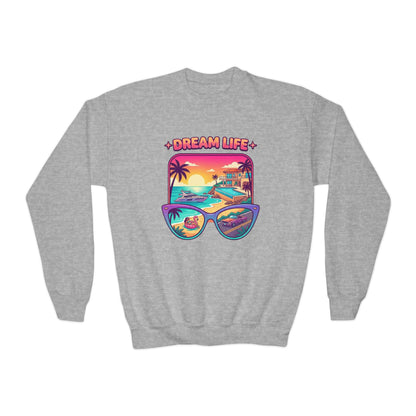Girls Youth Crewneck Sweatshirt - "Dream Life" Tropical Sunset Graphic