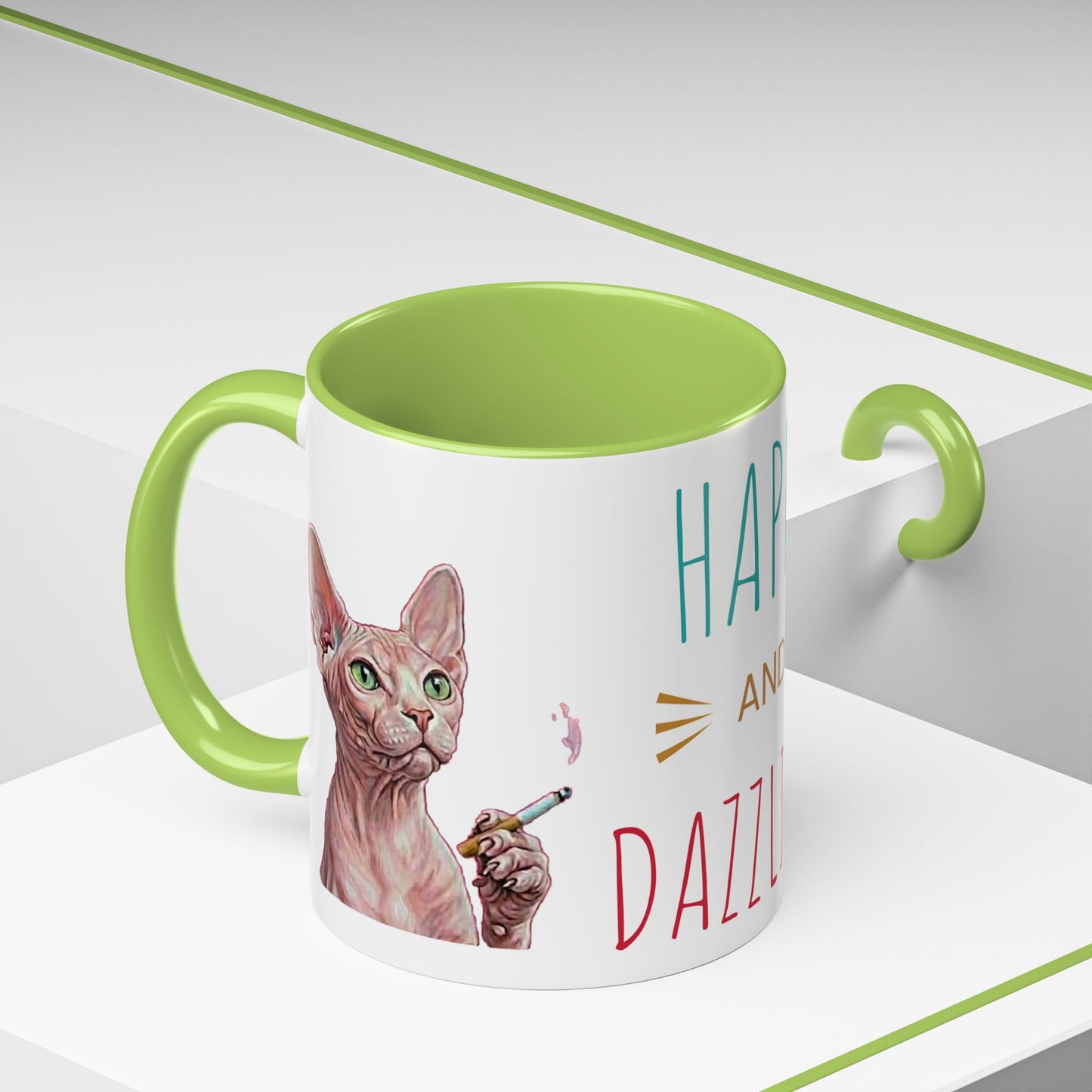 Happy and Dazzling smoking Cat Coffee Mug — Sphynx Cat Accent Mug (11/15oz) (free shipping)