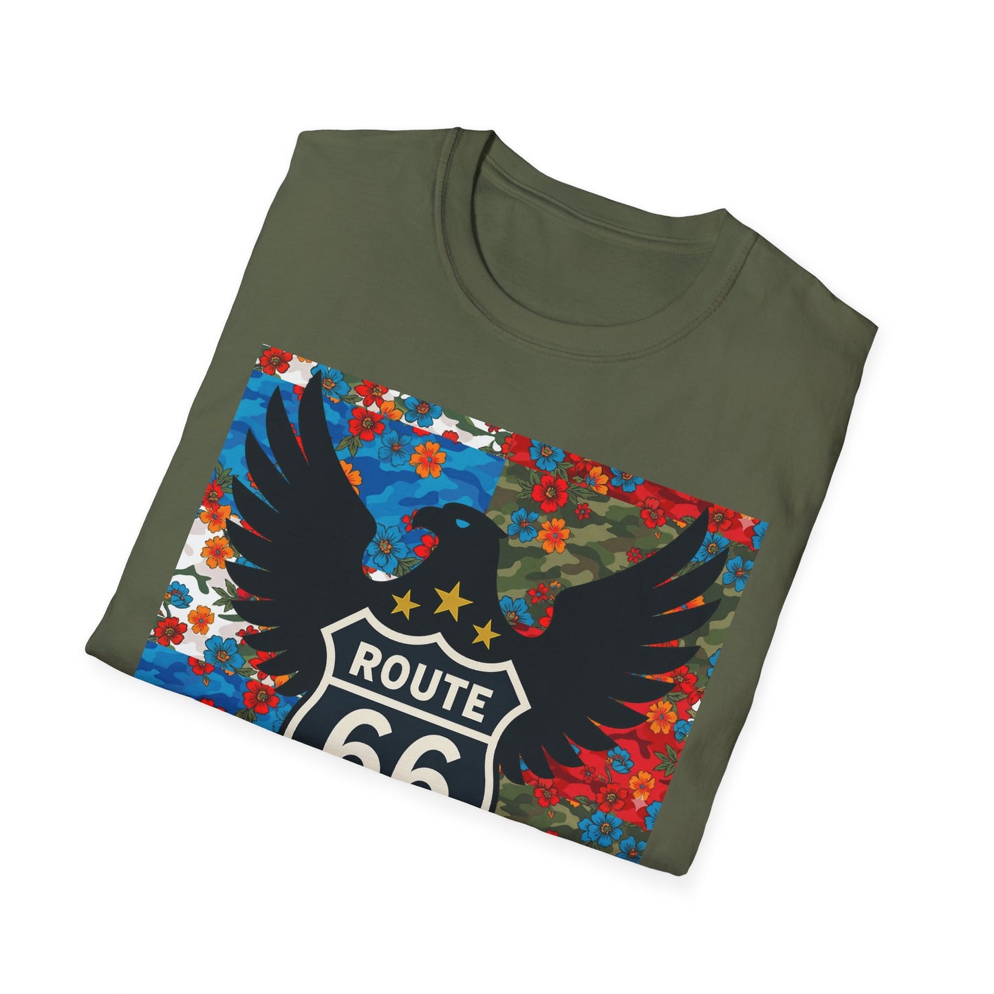 Route 66 Made in USA T-Shirt — Vintage Eagle Floral Roadtrip Tee- camo flower combo T-shirt