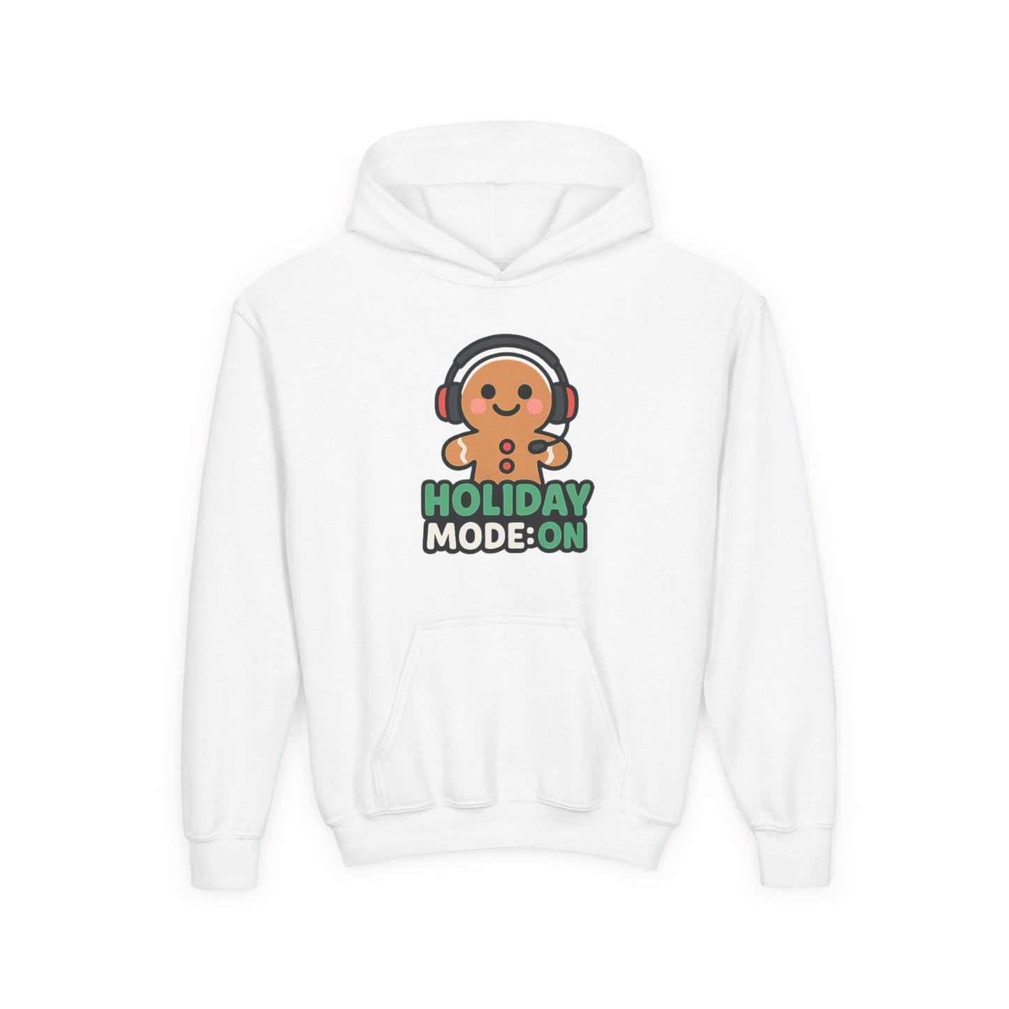 Youth Hoodie — 'Holiday Mode On' Gingerbread Headphone Christmas Sweatshirt