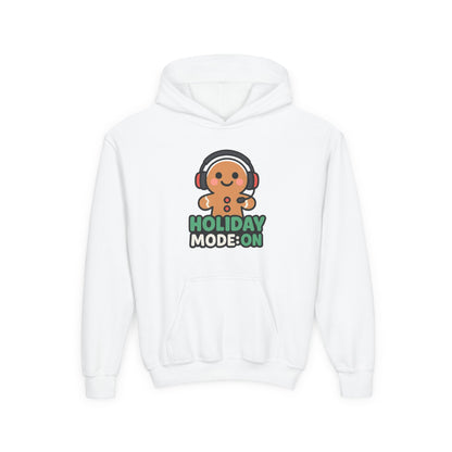 Youth Hoodie — 'Holiday Mode On' Gingerbread Headphone Christmas Sweatshirt