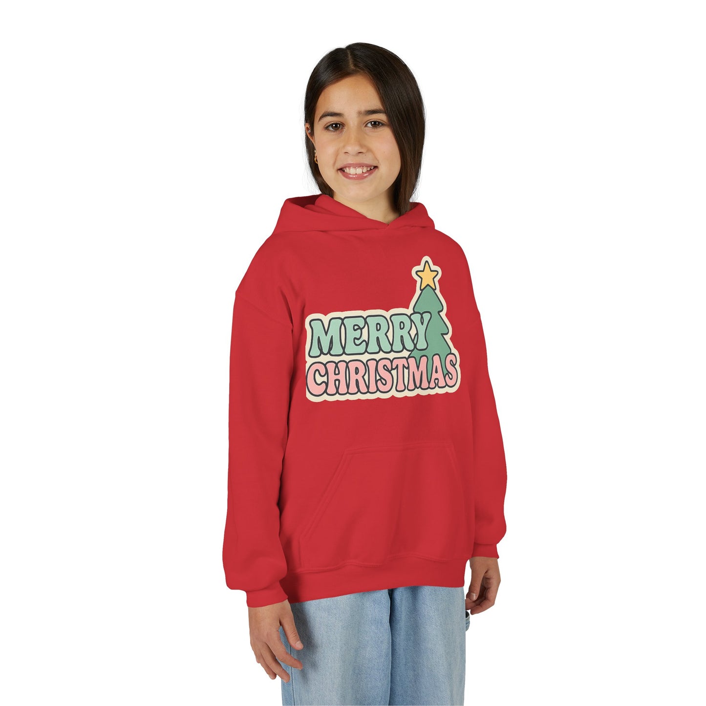 Kids youth Merry Christmas Hoodie — Pastel Tree Holiday Pullover