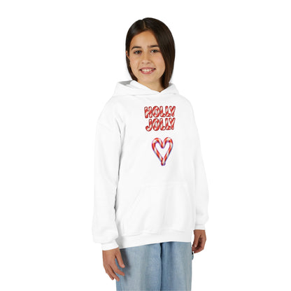 Youth Hoodie — "Holly Jolly" Candy Cane Heart Christmas Sweatshirt
