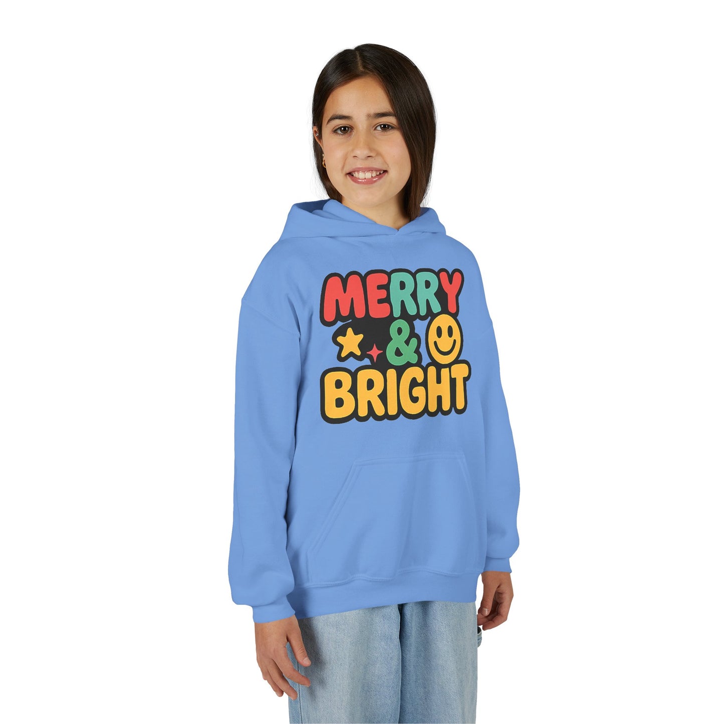 Youth Hoodie — 'Merry & Bright' Colorful Holiday Kids Sweatshirt
