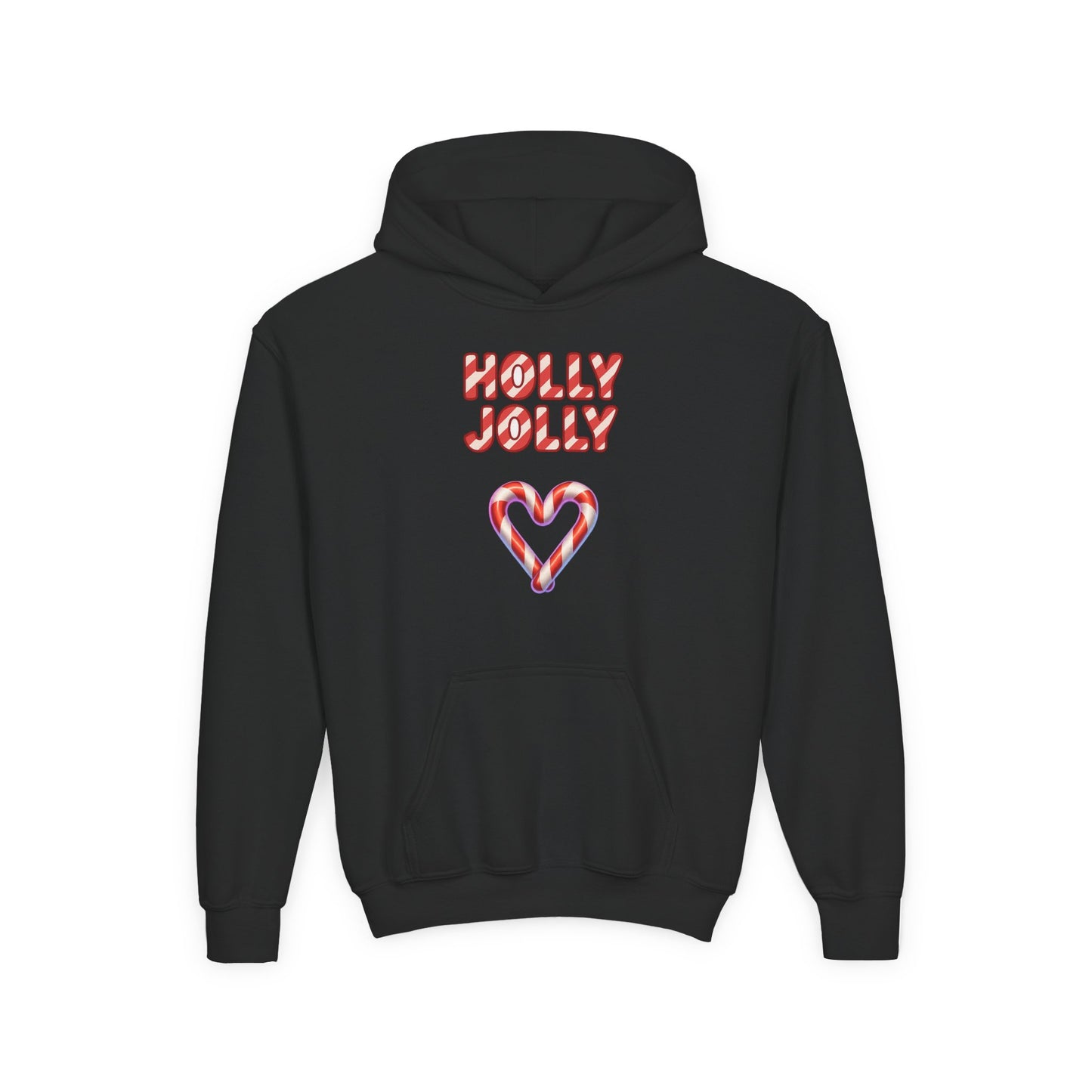 Youth Hoodie — "Holly Jolly" Candy Cane Heart Christmas Sweatshirt