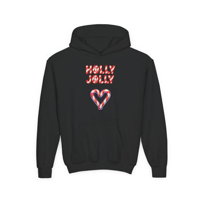 Youth Hoodie — "Holly Jolly" Candy Cane Heart Christmas Sweatshirt