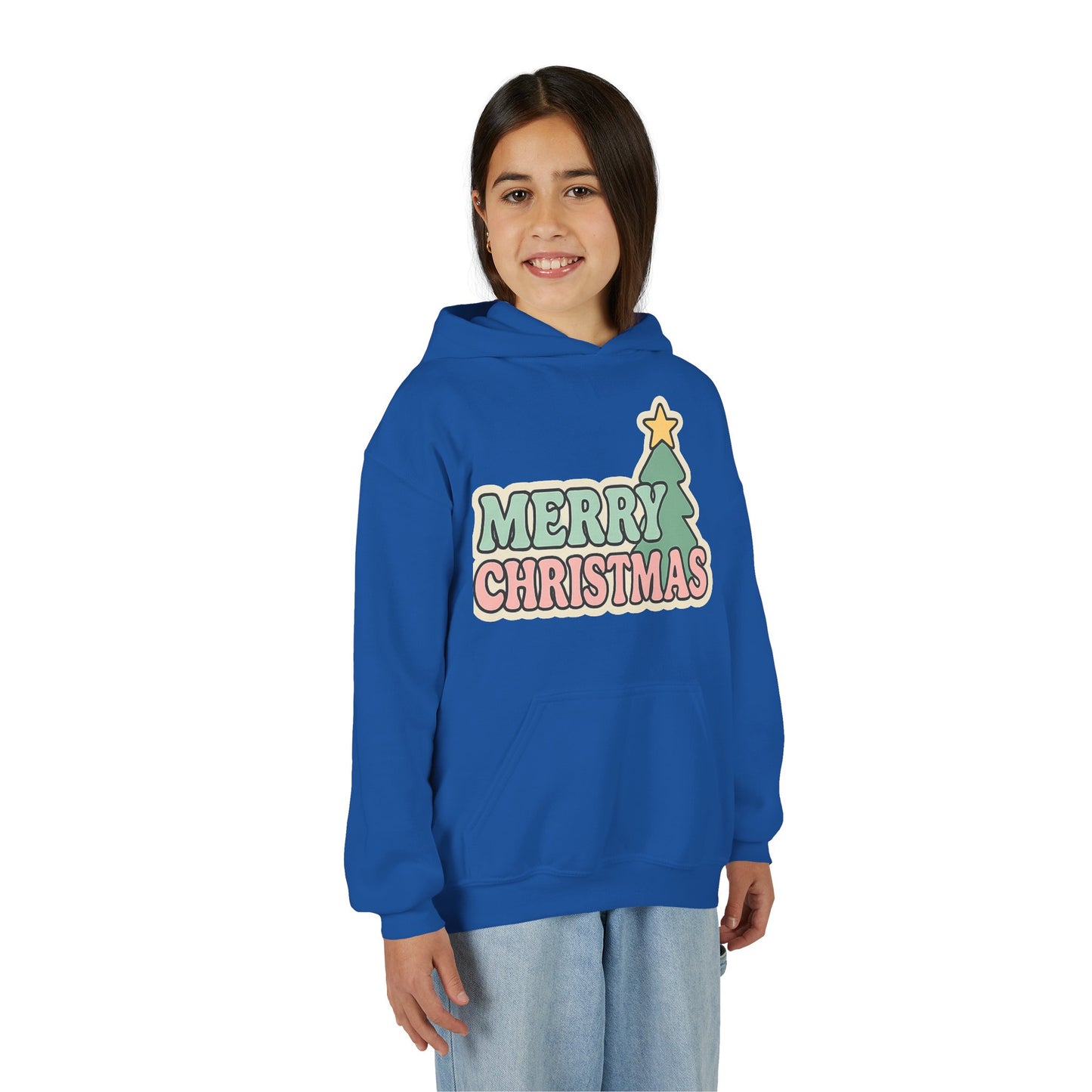 Kids youth Merry Christmas Hoodie — Pastel Tree Holiday Pullover