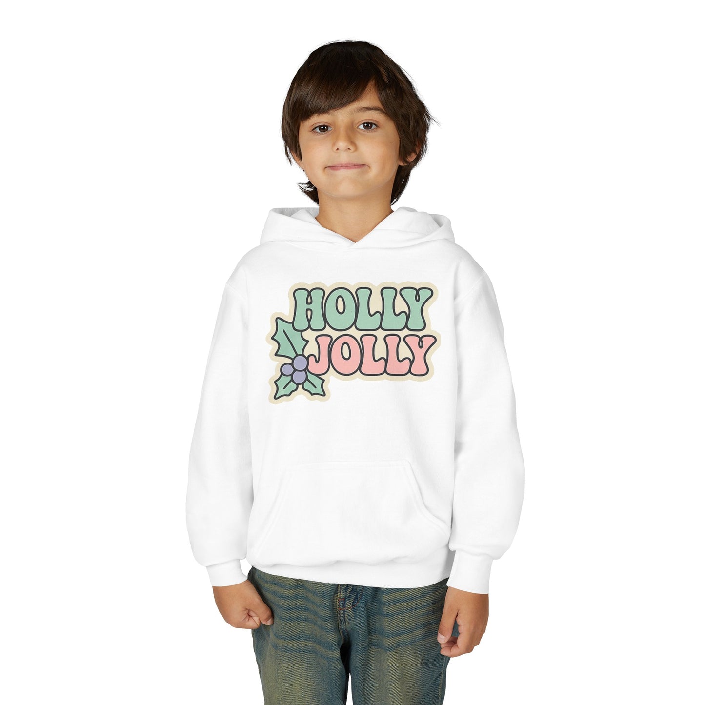 Girls Youth Hoodie — 'Holly Jolly' Pastel Christmas Holiday Sweatshirt