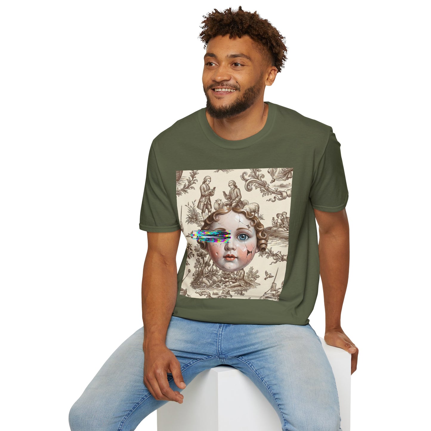 Vintage Doll Face Tee with Glitch Paint Splash
