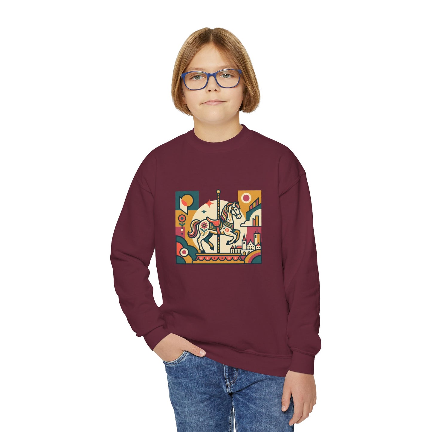 Youth Crewneck Sweatshirt — Retro Carousel Horse Graphic
