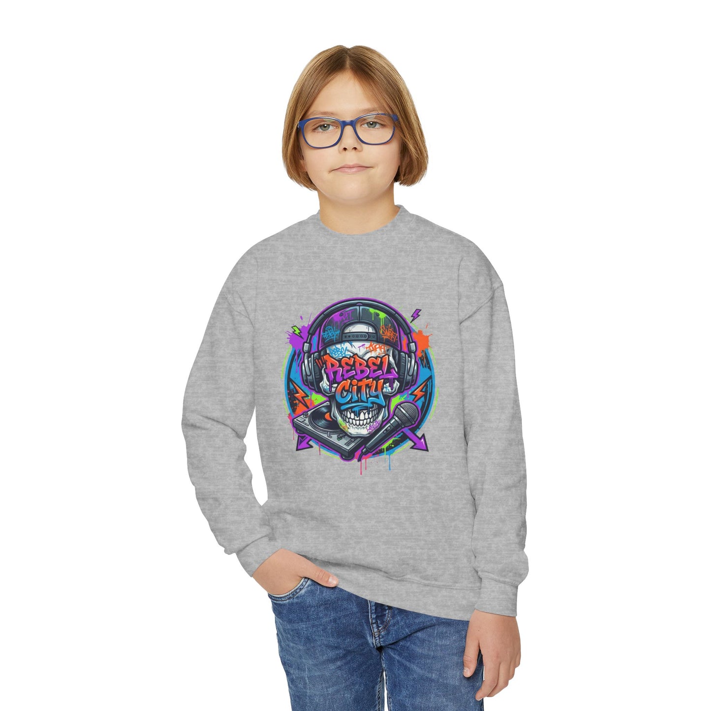 Youth Crewneck Sweatshirt — Neon spray paint rebel Skull 'Rebel With A Cause' Graphic