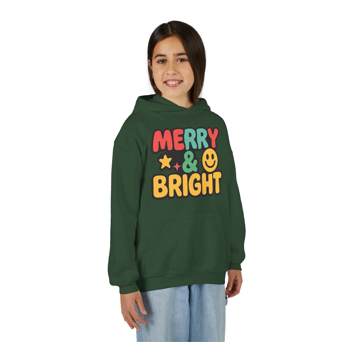 Youth Hoodie — 'Merry & Bright' Colorful Holiday Kids Sweatshirt