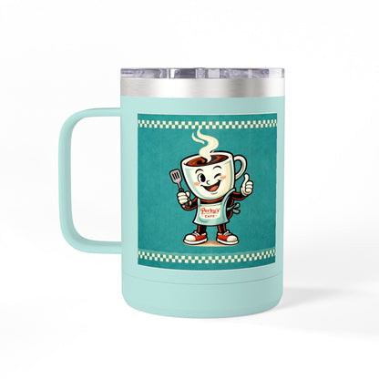 Perky’s Cafe KS Retro Teal 15oz Stainless Tumbler w/ Handle-  Mug Tumbler — Cute Smiling Coffee Cup Character, 15oz Travel Mug (free shipping)