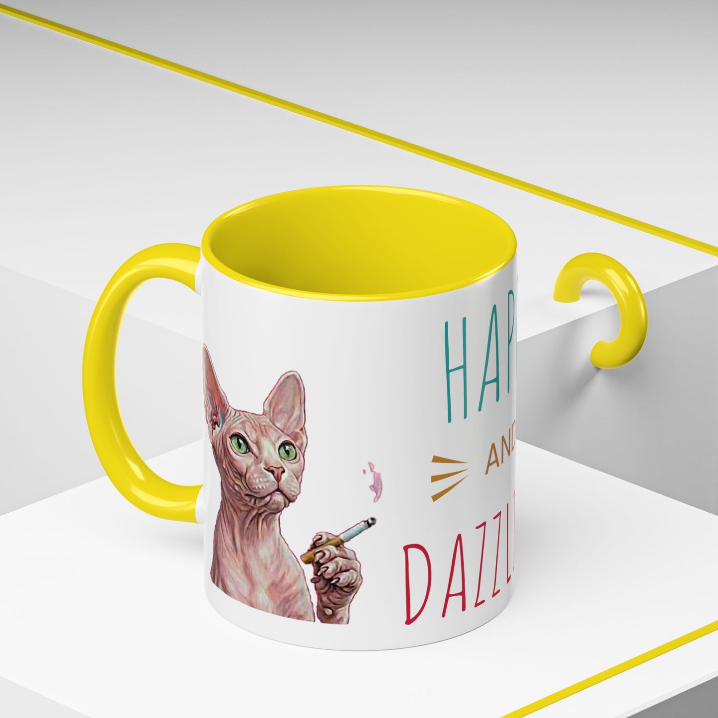 Happy and Dazzling smoking Cat Coffee Mug — Sphynx Cat Accent Mug (11/15oz) (free shipping)