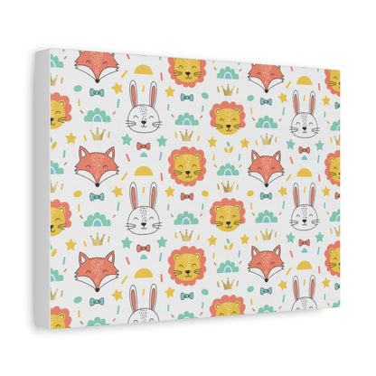 Nursery Animal Pattern Matte Canvas — Cute Fox, Bunny & Lion Kids Wall Art (free shipping)
