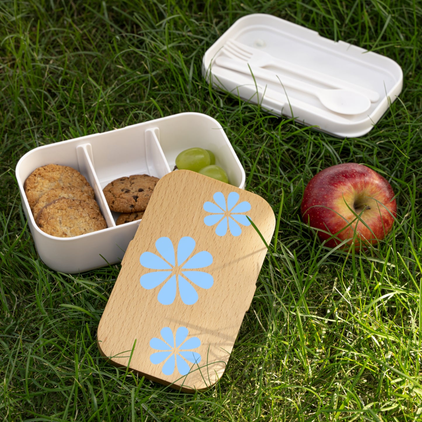 Wooden light blue Flower Design Bento Lunch Box