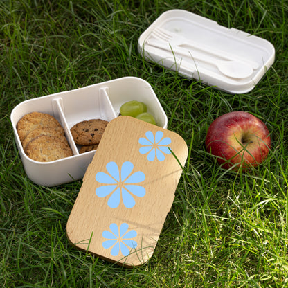 Wooden light blue Flower Design Bento Lunch Box