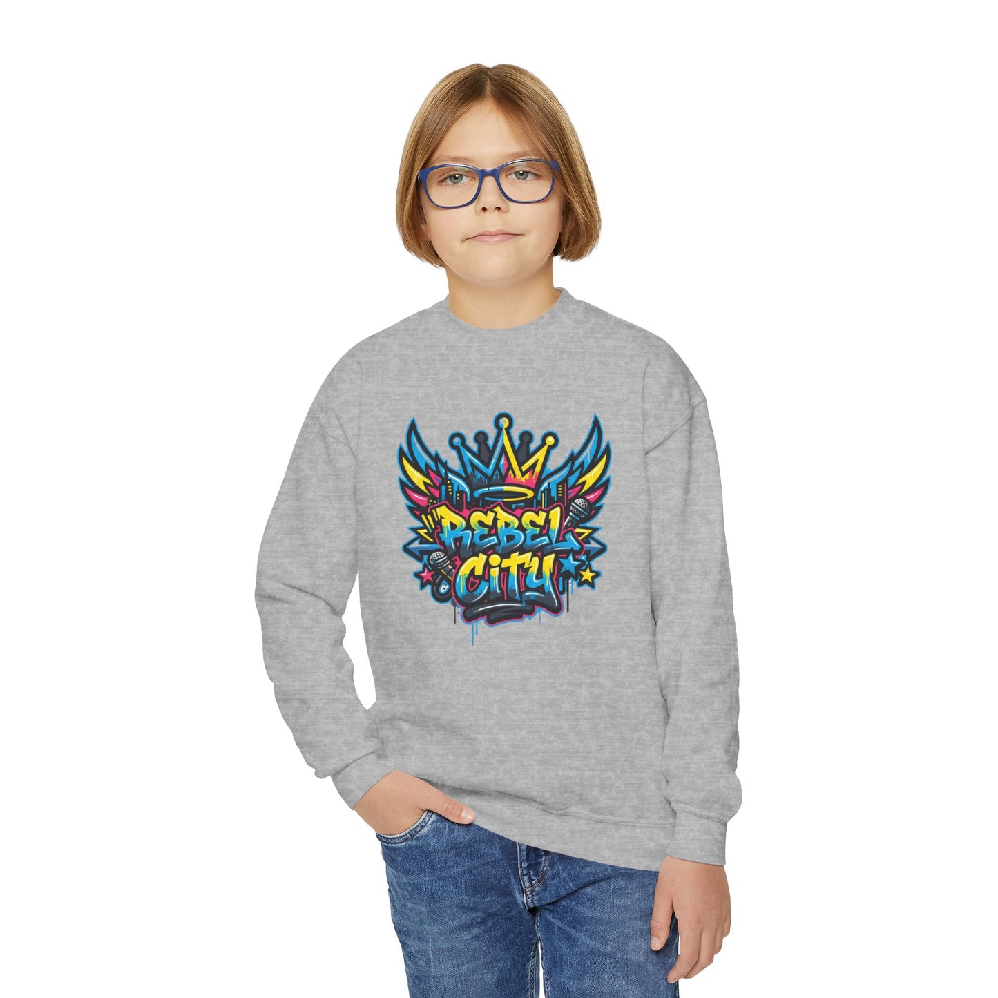 Youth Crewneck spray paint style- Sweatshirt - Colorful Rebel City Graffiti Crown Design