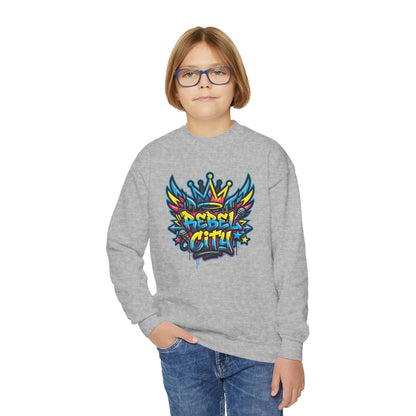 Youth Crewneck spray paint style- Sweatshirt - Colorful Rebel City Graffiti Crown Design