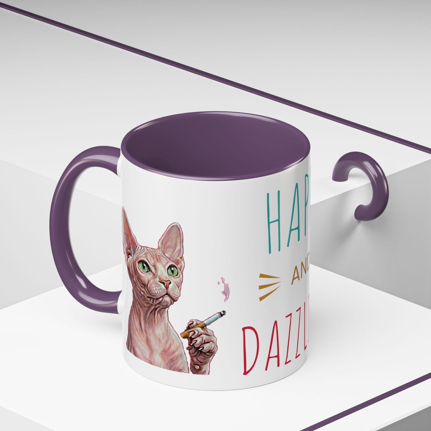 Happy and Dazzling smoking Cat Coffee Mug — Sphynx Cat Accent Mug (11/15oz) (free shipping)