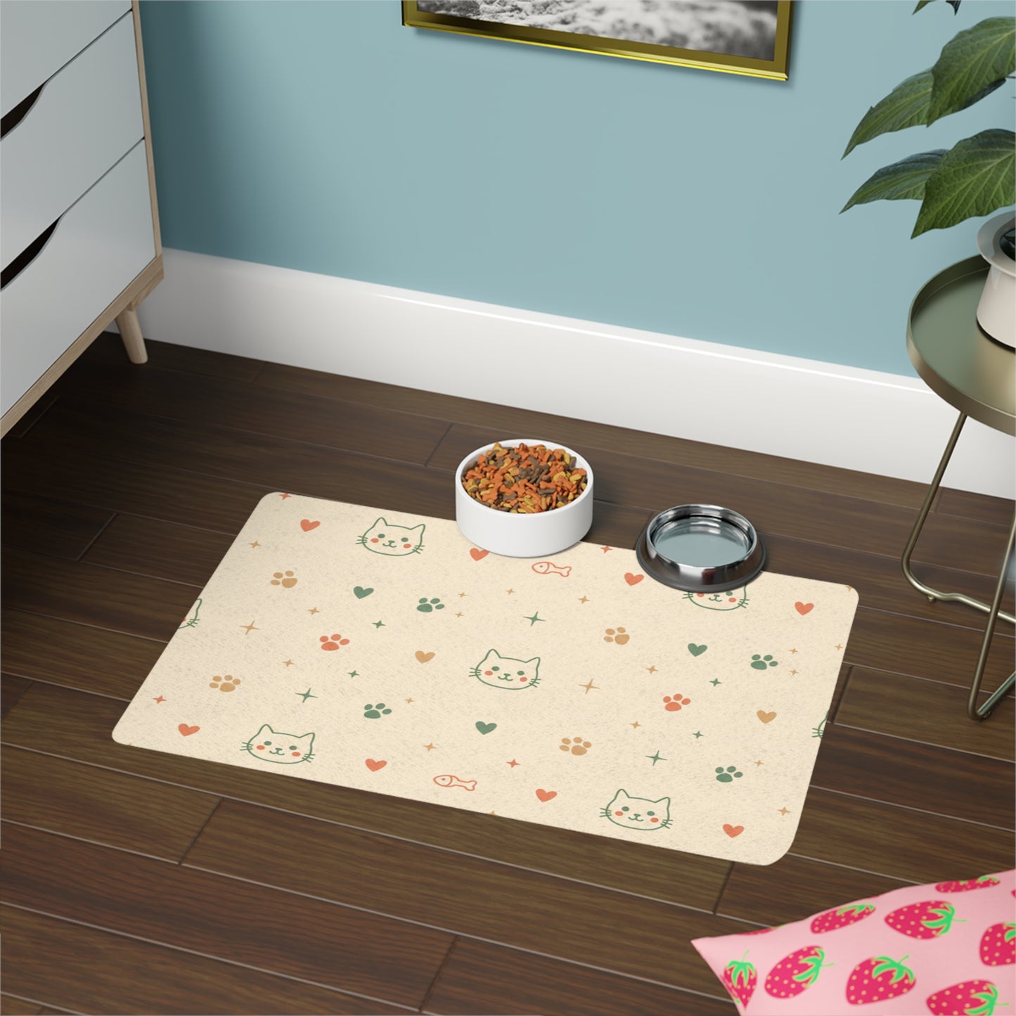 Animal tiny paw prints, hearts, bones, fish, and simple doodle faces of cats and dogs Pet Food Mat (12x18)