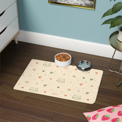 Animal tiny paw prints, hearts, bones, fish, and simple doodle faces of cats and dogs Pet Food Mat (12x18)