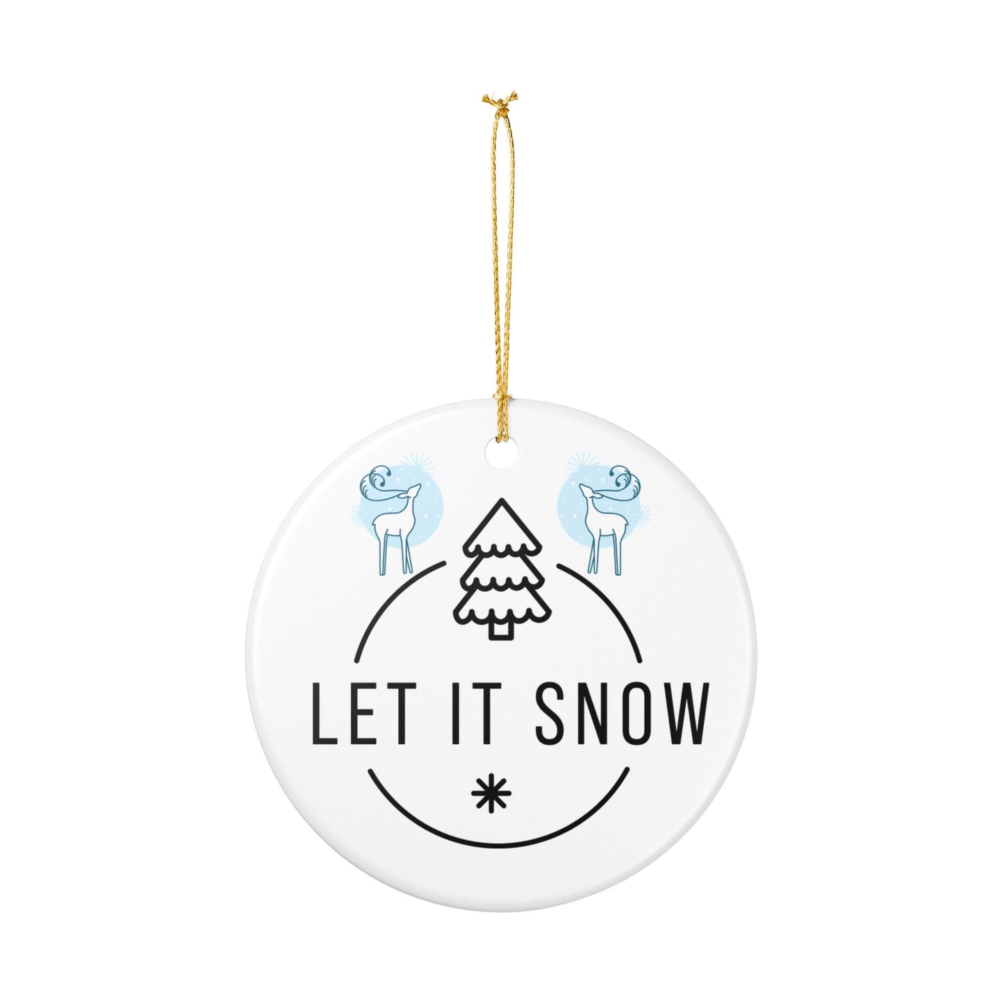 Let It Snow Ceramic Ornament — Blue Holiday Tree & Reindeer Decoration