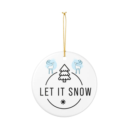 Let It Snow Ceramic Ornament — Blue Holiday Tree & Reindeer Decoration