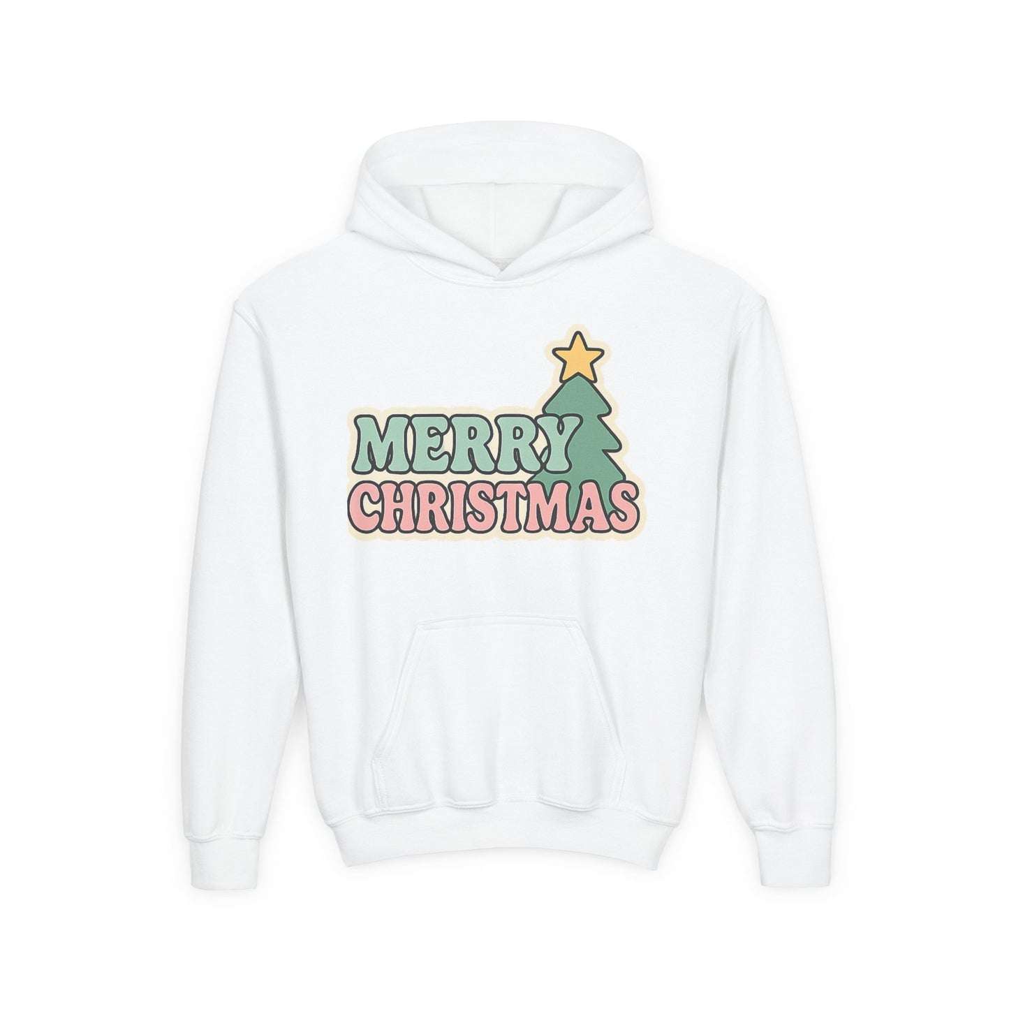 Kids youth Merry Christmas Hoodie — Pastel Tree Holiday Pullover