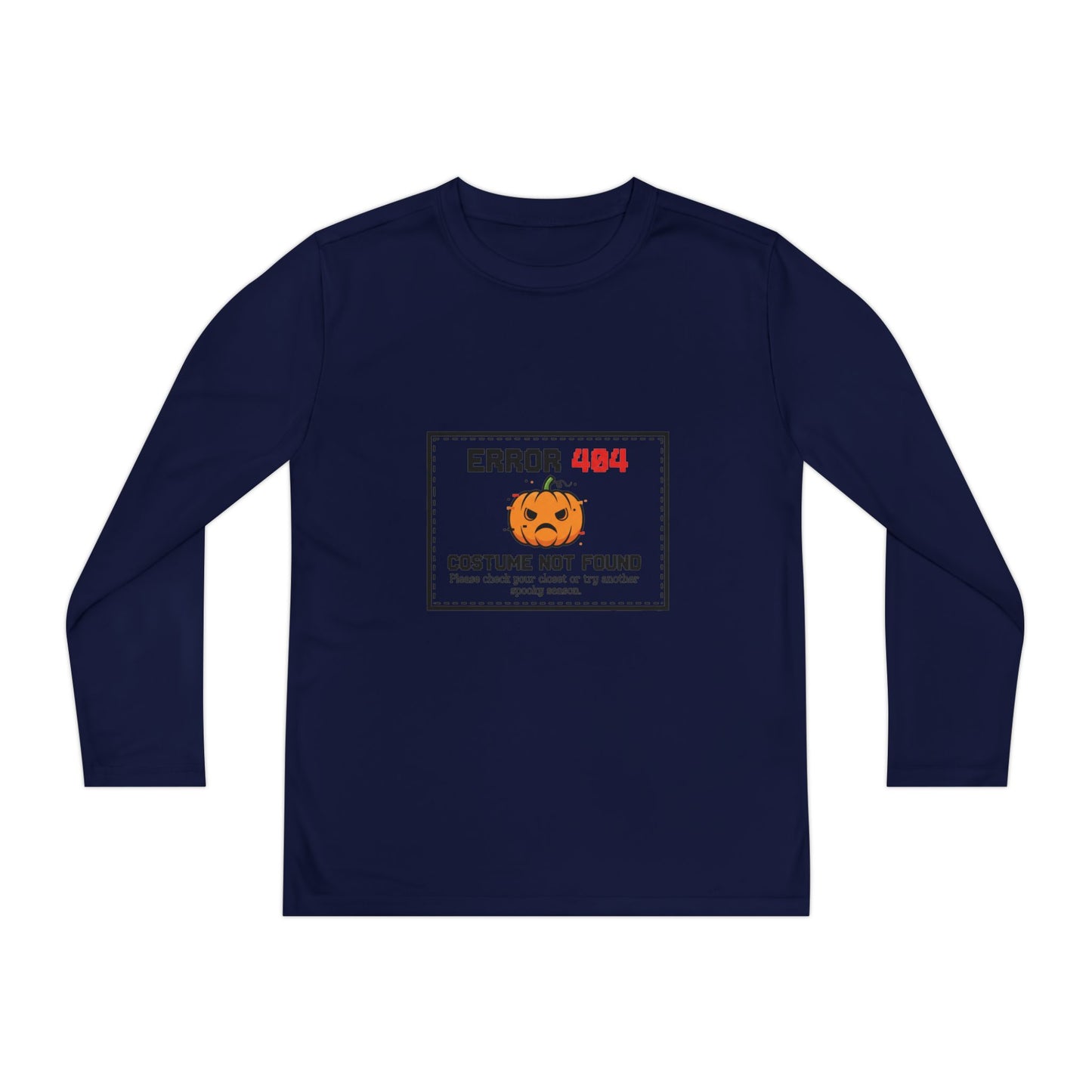 Youth Long Sleeve Halloween Tee, Kids Costume Shirt, Spooky Error 404 Top, Funny Trick-or-Treat Apparel, Halloween Party Outfit