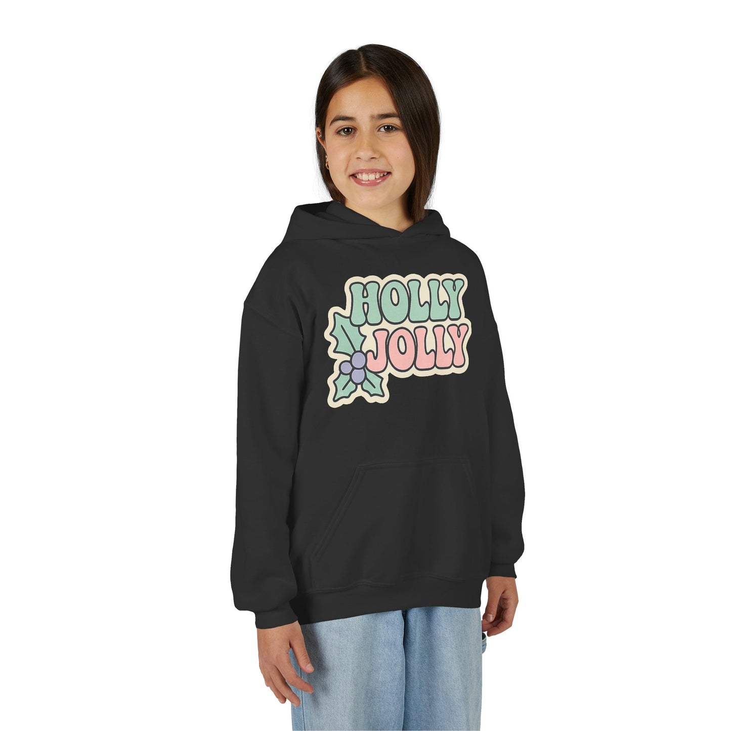 Girls Youth Hoodie — 'Holly Jolly' Pastel Christmas Holiday Sweatshirt