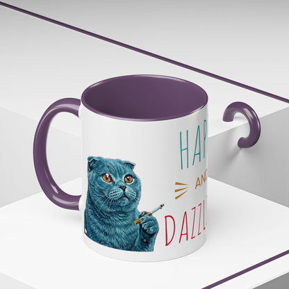 Happy and Dazzling Accent Coffee Mug — Cute Cat Art, Motivational Tea & Coffee Cup (free shipping)
